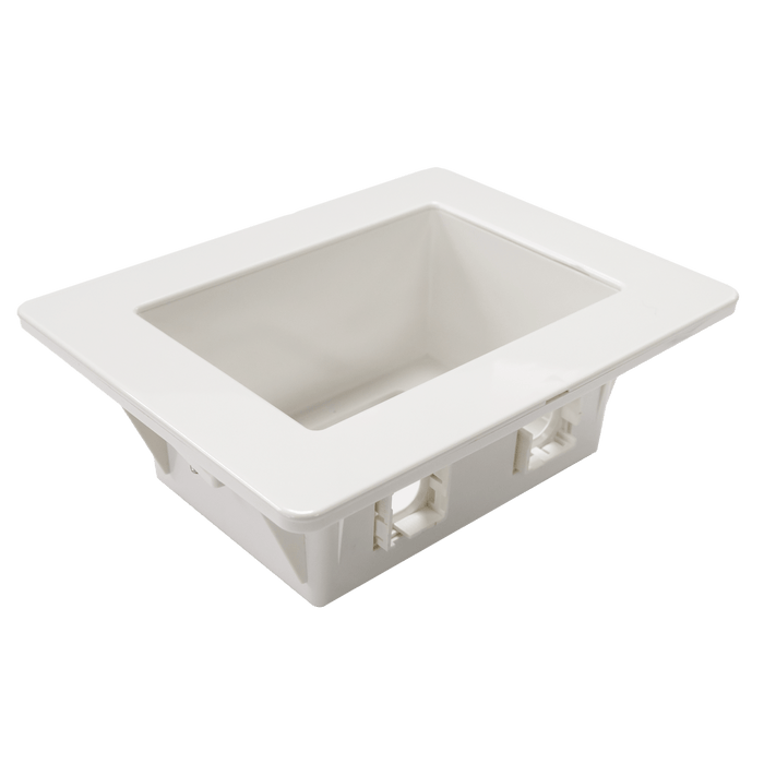 DYNAMIX Recessed Wall Box with 2x AMDEX style outlets and 1x GPO Slot. Suitable for 70 & 90mm wall cavities. For plaster walls only. Outside face: 185 x 145mm. Recess: 166 x 100mm. Depth: 63mm. CDAV-RPS02