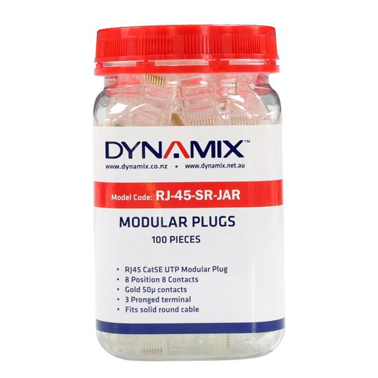 DYNAMIX RJ45 Plug 100pc Jar, 8P8C Modular Plug (Round, Solid). 50 micron CDRJ-45-SR-JAR