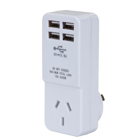 DYNAMIX USB-A Wall Charger with 4x USB-A Outlets & 1x Main Power Socket. Shared 3.6A Quick Charge. 5V 10 Amp, 2400W. Designed for Tablets, Phones & Any Other USB Compatible Devices. CDA4U