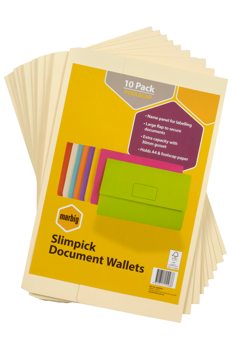 Marbig Foolscap Cardboard Document Wallet, 30mm Gusset, Buff, 10's pack