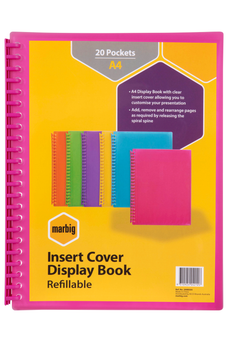 Marbig A4 20 Pocket Insertable Cover Refillable Display Book, Pink Cover