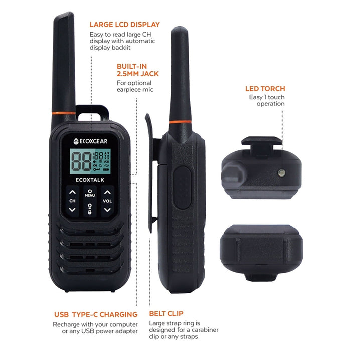 Ecoxgear Ecoxtalk 1-WATT IP54 Handheld UHF Radio 7km, Black, Twin Pack DSECXG1002