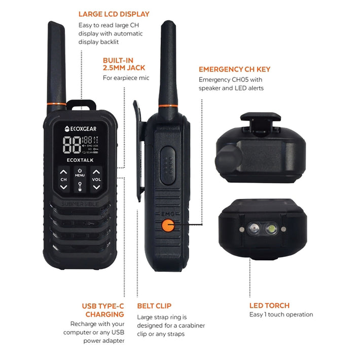 Ecoxgear Ecoxtalk 2-Watt IP67 Handheld UHF Radio 13km, Twin Pack DSECXG2002