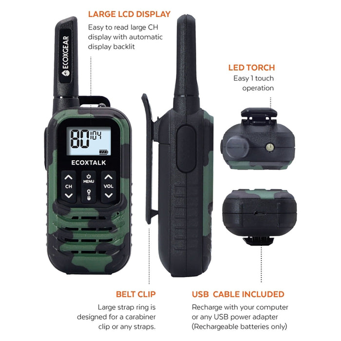 Ecoxgear Ecoxtalk 500mw Compact Handheld UHF Radio 3km Green Camo, 2’s Pack DSECXG502B