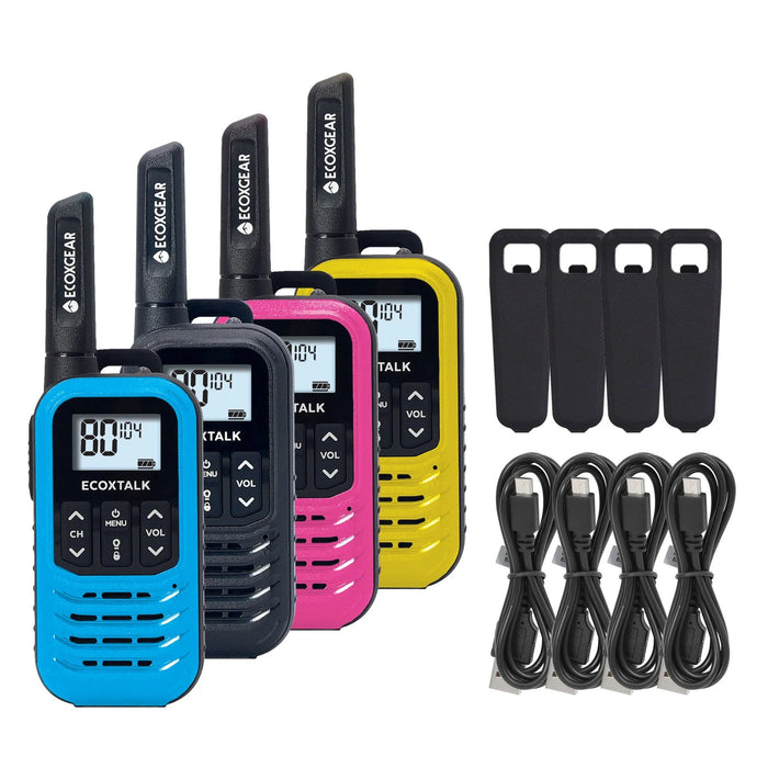 ECOXGEAR ECOXTALK EXG50 UHF CB Handheld Radios, 0.5W, 4's Pack, Black, Blue, Purple, Yellow DSECXG504
