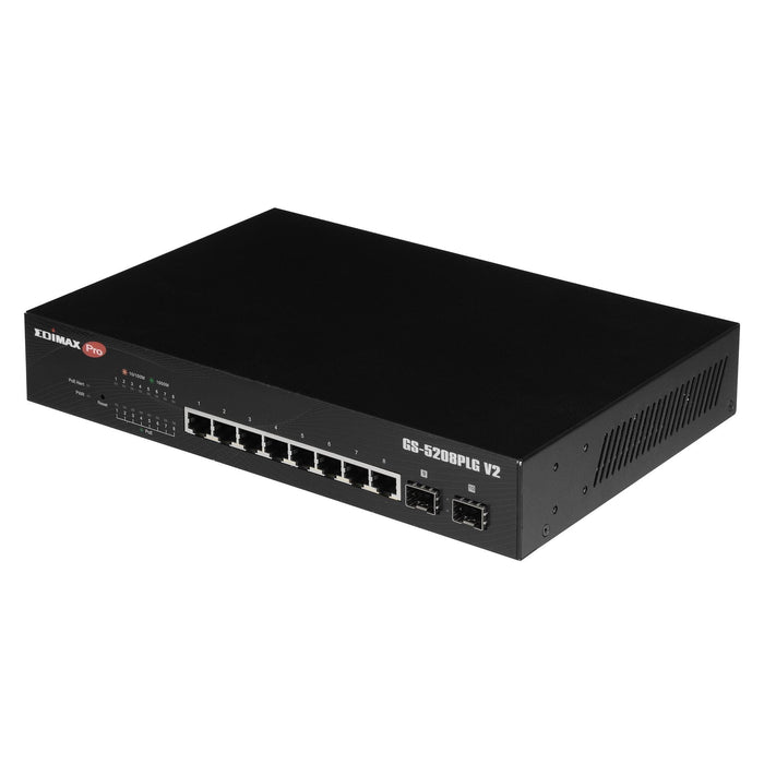 EDIMAX 10-Port Gigabit Long Range PoE+ Web Smart Switch with 2x SFP Slots. 8x POE Ports + 2 SFP. IEEE 802.3af/at PoE/PoE+ Compliant Power Budget 84W. POE Support up to 200M. CDGS-5208PLGV2