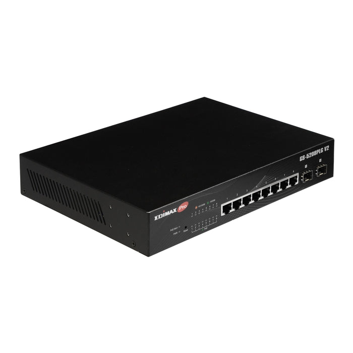EDIMAX 10-Port Gigabit Long Range PoE+ Web Smart Switch with 2x SFP Slots. 8x POE Ports + 2 SFP. IEEE 802.3af/at PoE/PoE+ Compliant Power Budget 84W. POE Support up to 200M. CDGS-5208PLGV2