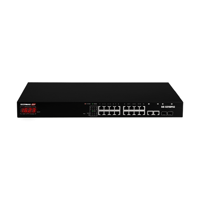 EDIMAX 18-Port Surveillance Long Range Gigabit PoE+ Web Smart Switch with 2 Gigabit RJ45 & 2 SFP Ports. Max Power Budget 280W. Supports PoE up to 200m. IEEE 802.3af/at PoE Compliant. IP Surveillance VLAN CDGS-5216PLC