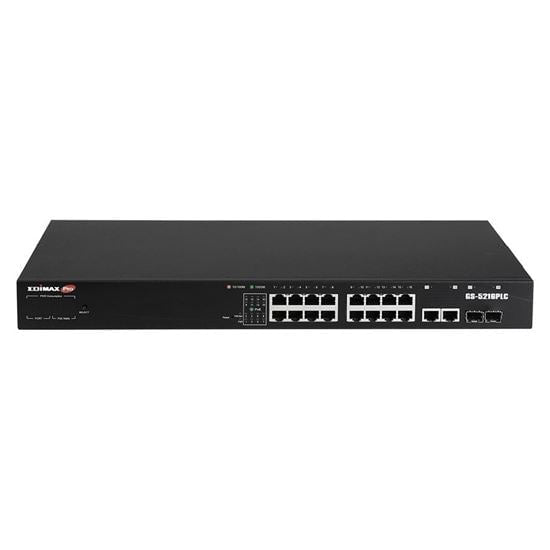 EDIMAX 18-Port Surveillance Long Range Gigabit PoE+ Web Smart Switch with 2 Gigabit RJ45 & 2 SFP Ports. Max Power Budget 280W. Supports PoE up to 200m. IEEE 802.3af/at PoE Compliant. IP Surveillance VLAN CDGS-5216PLC