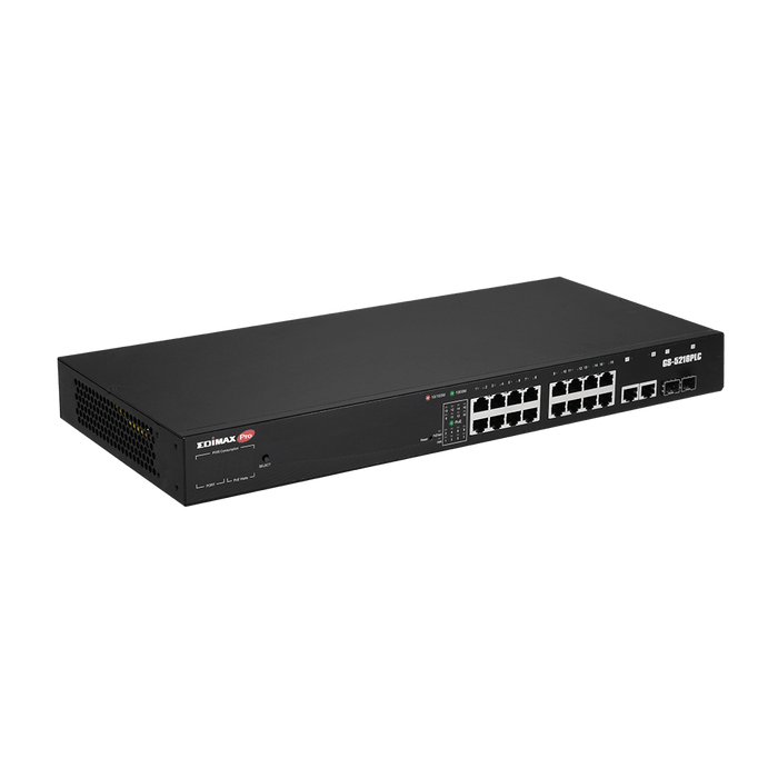 EDIMAX 18-Port Surveillance Long Range Gigabit PoE+ Web Smart Switch with 2 Gigabit RJ45 & 2 SFP Ports. Max Power Budget 280W. Supports PoE up to 200m. IEEE 802.3af/at PoE Compliant. IP Surveillance VLAN CDGS-5216PLC