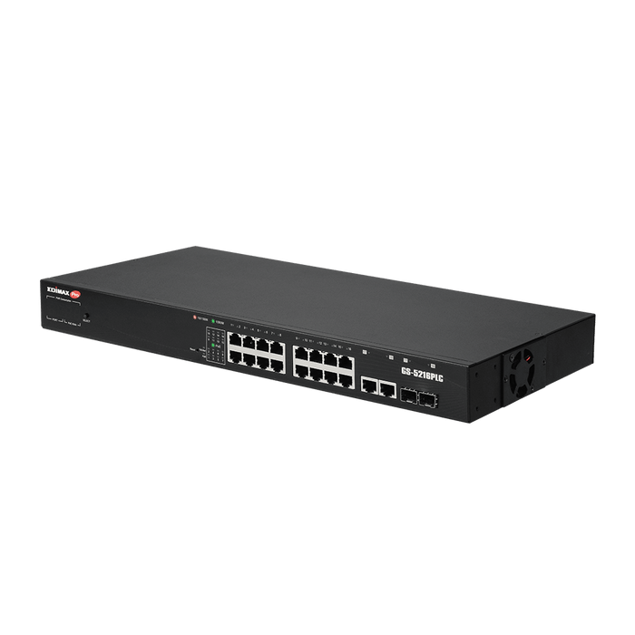 EDIMAX 18-Port Surveillance Long Range Gigabit PoE+ Web Smart Switch with 2 Gigabit RJ45 & 2 SFP Ports. Max Power Budget 280W. Supports PoE up to 200m. IEEE 802.3af/at PoE Compliant. IP Surveillance VLAN CDGS-5216PLC