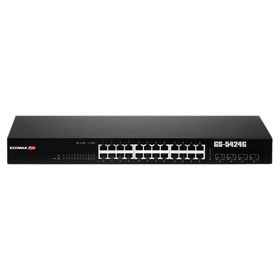 EDIMAX 24 Port Gigabit Long Range Web Smart Rack-mount Switch. With 4 SFP. Extended data delivery distance of up to 200m. Voice VLAN. DHCP Snooping. Array architecture. CDGS-5424G