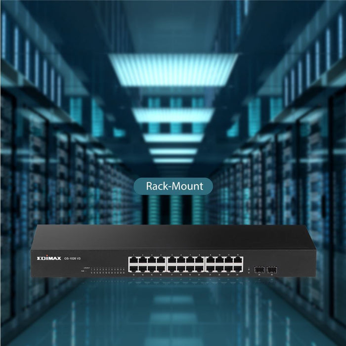 EDIMAX 24 Port Gigabit Rack-Mount Unmanaged Switch + 2 SFP Ports. High-Speed Networking and Jumbo Frames. Designed for Medium /Large Network Environments. Includes Brackets. CDGS-1026V3
