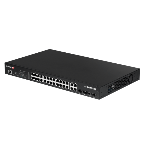 EDIMAX 28-Port Surveillance Long Range Gigabit PoE+ Web Smart Switch with 2 Gigabit RJ45 & 2 SFP Ports. Max Power Budget 400W. Supports PoE up to 200m. IEEE 802.3af/at PoE Compliant. IP Surveillance VLAN CDGS-5424PLCV3