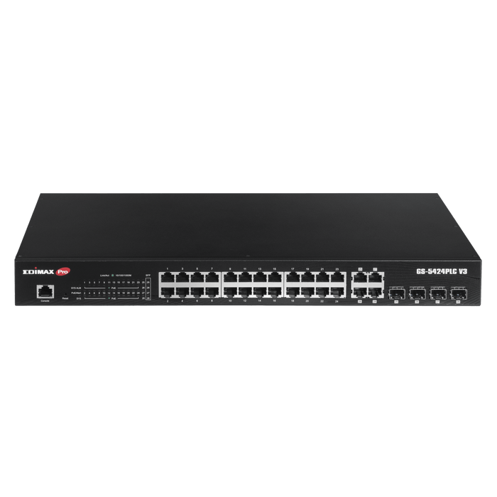 EDIMAX 28-Port Surveillance Long Range Gigabit PoE+ Web Smart Switch with 2 Gigabit RJ45 & 2 SFP Ports. Max Power Budget 400W. Supports PoE up to 200m. IEEE 802.3af/at PoE Compliant. IP Surveillance VLAN CDGS-5424PLCV3