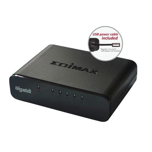 EDIMAX 5 Port 10/100/1000 Gigabit Desktop Switch. Full Duplex. High-Speed Networking and Jumbo Frames. Perfect Solution for Home and Small Business. Includes 5V 1A Power Supply. CDSW5500GV3