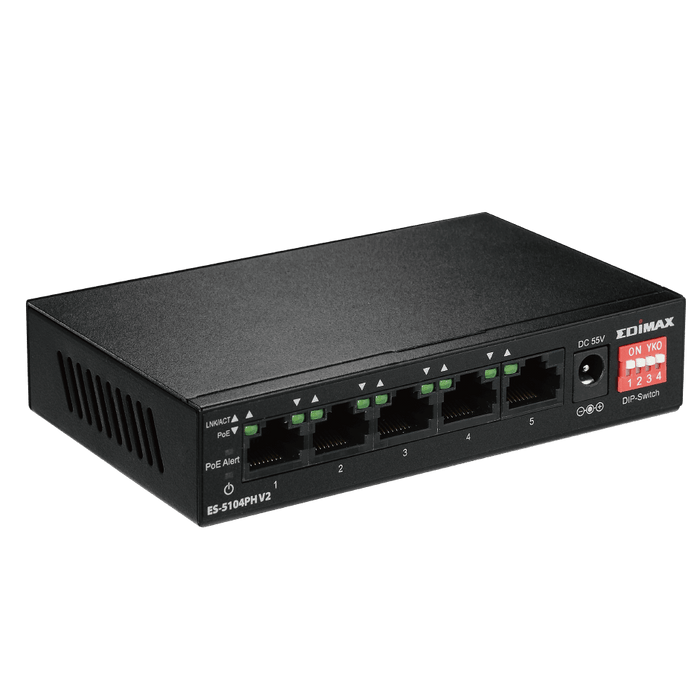 EDIMAX 5 Port 10/100 Fast Ethernet with 4x PoE+ ports and DIP Switch. PoE delivery up to 200m. Power Budget: 71.5W. Auto Energy Saving Functions. Plug and Play.  VLAN and Loop Protection. CDES-5104PHV2