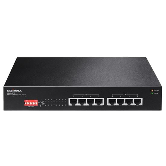 EDIMAX 8 Port 10/100/1000 Gigabit PoE+ Switch with DIP Switch. PoE delivery up to 200m. Power budget: 130W. Auto Energy Saving. Functions. Plug and Play.  VLAN and Loop Protection. VLAN & QoS. CDGS-1008PV2