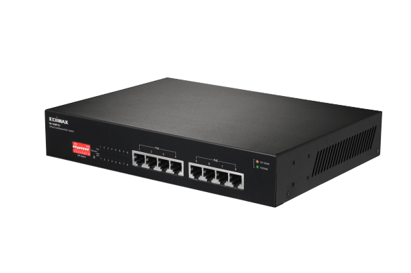 EDIMAX 8 Port 10/100/1000 Gigabit PoE+ Switch with DIP Switch. PoE delivery up to 200m. Power budget: 130W. Auto Energy Saving. Functions. Plug and Play.  VLAN and Loop Protection. VLAN & QoS. CDGS-1008PV2