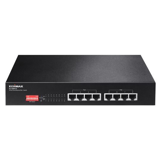 EDIMAX 8 Port 10/100 Fast Ethernet PoE+ Switch with DIP Switch. PoE delivery up to 200m. Power budget: 130W. Auto Energy Saving Functions. Plug and Play. VLAN & CDES-1008PV2