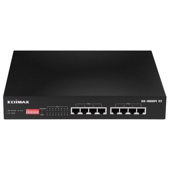 EDIMAX 8 Port Gigabit PoE+ Long Range Unmanaged Switch with DIP Switch Function. Supports up to 30W Per PoE Port (Total Power Budget: 70W). Port-based VLAN. Long Range up to 200m at 10Mbps. CDGS-1008PLV2