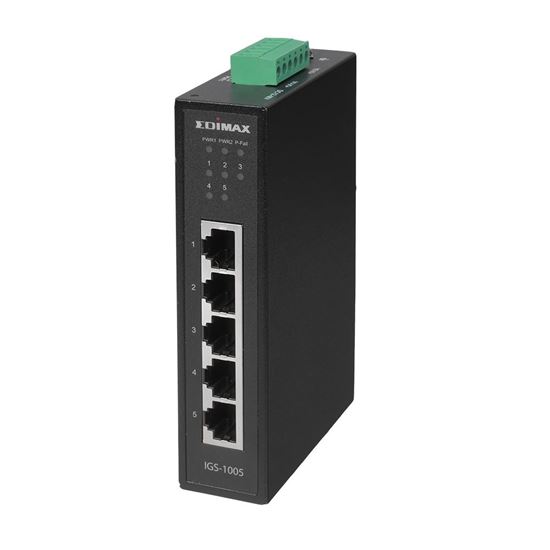 EDIMAX Industrial 5-Port Gigabit DIN Rail Switch.Data Delivery up to 200m @10Mbps Full-Duplex. Supports QoS 802.1p for Video & Voice Traffic Priority. Dual Power Inputs, Surge Protectiion. IP30. CDIGS-1005