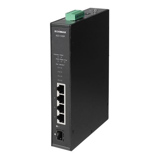 EDIMAX Industrial 5-Port Gigabit PoE+ DIN Rail Switch. 4 x Gigabit Ethernet Ports, 1 SFP Uplink Port. PoE up to 200m @10Mps. QoS 802.1p for Video & Voice Traffic Priority Inputs, Surge Protection, IP30 CDIGS-1105P