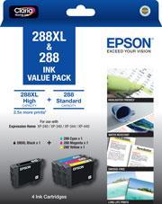 Epson 288 DuraBrite Ultra Original Cartridge Value Pack - Black XL + CMY Standard DSE288XLVP