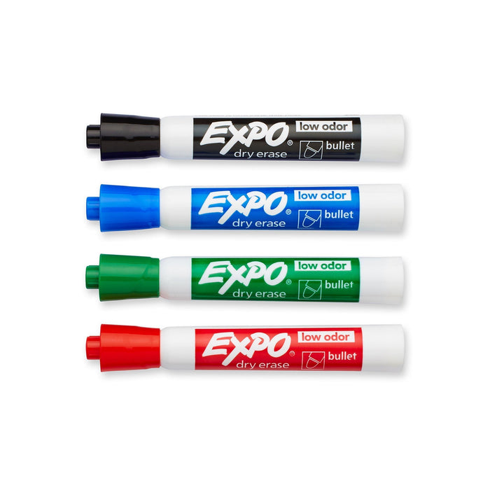 EXPO Dry Erase Markers Bullet Marker 4-Pack. 4x Assorted Colours. Includes Red, Blue, Green, & Black Colours. Bright, Vivid, Non-toxic Ink. Quick Drying. Smear-proof. Erases Cleanly & Easily with Cloth. CD2081760