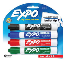 EXPO Dry Erase Markers Bullet Marker 4-Pack. 4x Assorted Colours. Includes Red, Blue, Green, & Black Colours. Bright, Vivid, Non-toxic Ink. Quick Drying. Smear-proof. Erases Cleanly & Easily with Cloth. CD2081760