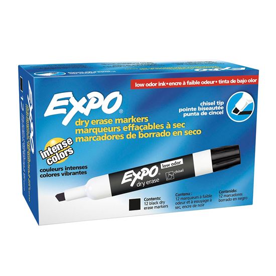 EXPO Dry Erase Markers Chisel Tip. 12-Pack. Black Colour. Bright, Vivid, Non-toxic Ink. Quick Drying. Smear-proof. Erases Cleanly & Easily with Cloth. CD80001