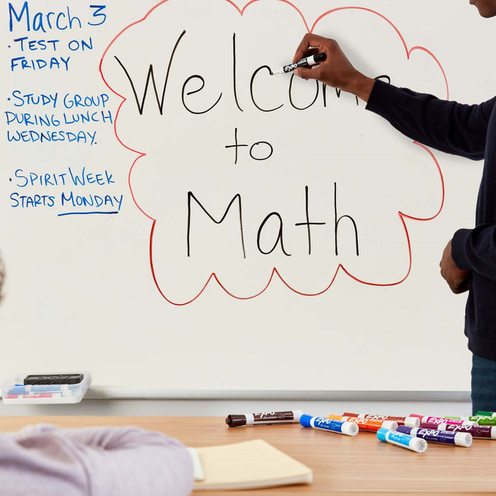 EXPO Dry Erase Markers Chisel Tip with Cleaning Spray & Eraser Includes Red, Blue, Green, & Black Colours. Bright, Vivid, Non-toxic Ink. Quick Drying. Smear-proof. Erases Cleanly & Easily with Cloth. CD80653