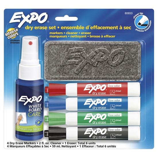 EXPO Dry Erase Markers Chisel Tip with Cleaning Spray & Eraser Includes Red, Blue, Green, & Black Colours. Bright, Vivid, Non-toxic Ink. Quick Drying. Smear-proof. Erases Cleanly & Easily with Cloth. CD80653