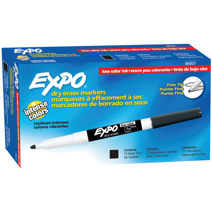 EXPO Dry Erase Markers with Fine Point Tips 12-Pack. Black Colour Bright, Vivid, Non-toxic Ink. Quick Drying. Smear-proof. Erases Cleanly & Easily with Cloth. CD86001