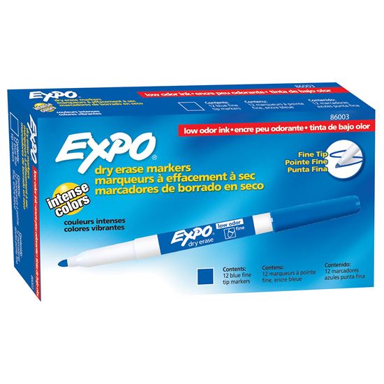 EXPO Dry Erase Markers with Fine Point Tips 12-Pack. Blue  Colour Bright, Vivid, Non-toxic Ink. Quick Drying. Smear-proof. Erases Cleanly & Easily with Cloth. CD86003