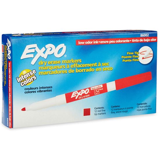 EXPO Dry Erase Markers with Fine Point Tips 12-Pack. Red Colour Bright, Vivid, Non-toxic Ink. Quick Drying. Smear-proof. Erases Cleanly & Easily with Cloth. CD86002