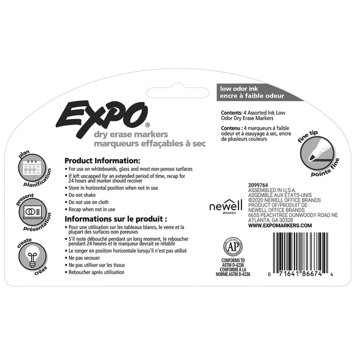 EXPO Dry Erase Markers with Fine Point Tips. 4x Assorted Colours. Includes Red, Blue, Green, & Black Colours. Bright, Vivid, Non-toxic Ink. Quick Drying. Smear-proof. Erases Cleanly & Easily with Cloth. CD86674K
