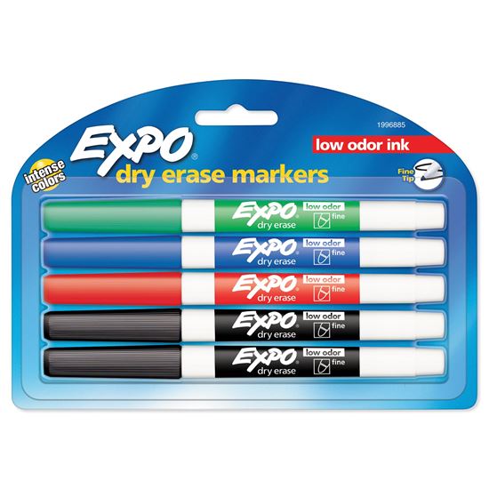 EXPO Dry Erase Markers with Fine Point Tips. 4x Assorted Colours. Includes Red, Blue, Green, & Black Colours. Bright, Vivid, Non-toxic Ink. Quick Drying. Smear-proof. Erases Cleanly & Easily with Cloth. CD86674K