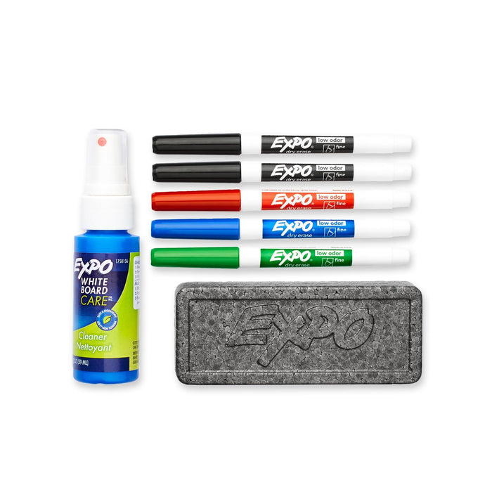 EXPO Dry Erase Markers with Fine Point Tips, Cleaning Spray & Eraser Includes Red, Blue, Green, & Black Colours. Bright, Vivid, Non-toxic Ink. Quick Drying. Smear-proof. Erases Cleanly & Easily with Cloth. CD80675