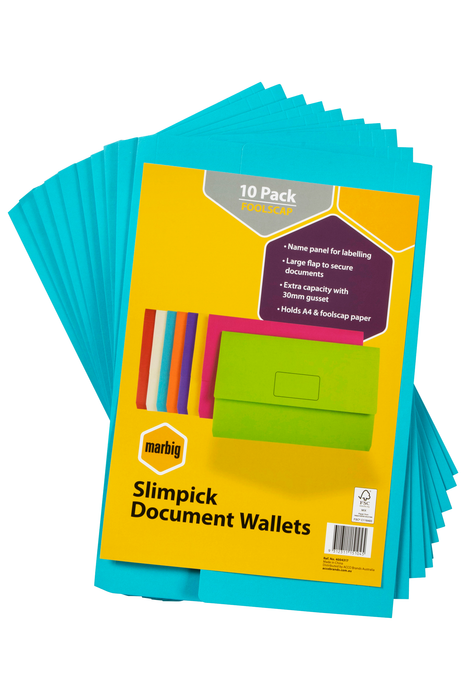 Marbig Foolscap Cardboard Document Wallet, 30mm Gusset, Marine x 10's pack