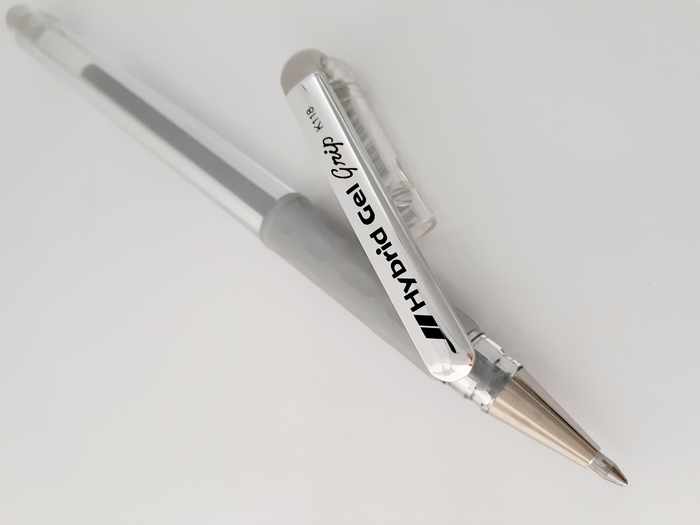 Pentel Hybrid Gel Grip Gell Roller Pen Stick K118m 0.8mm Metallic Silver - Pack of 12