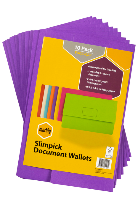 Marbig Foolscap Cardboard Document Wallet, 30mm Gusset, Purple, 10's pack