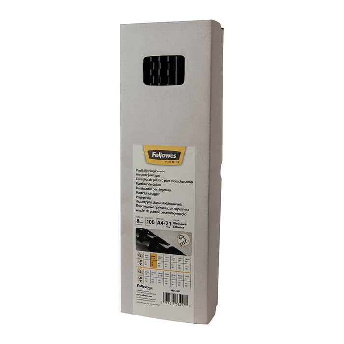 Fellowes Plastic Binding Coils 8mm Black, Pack of 100 FPF5345707