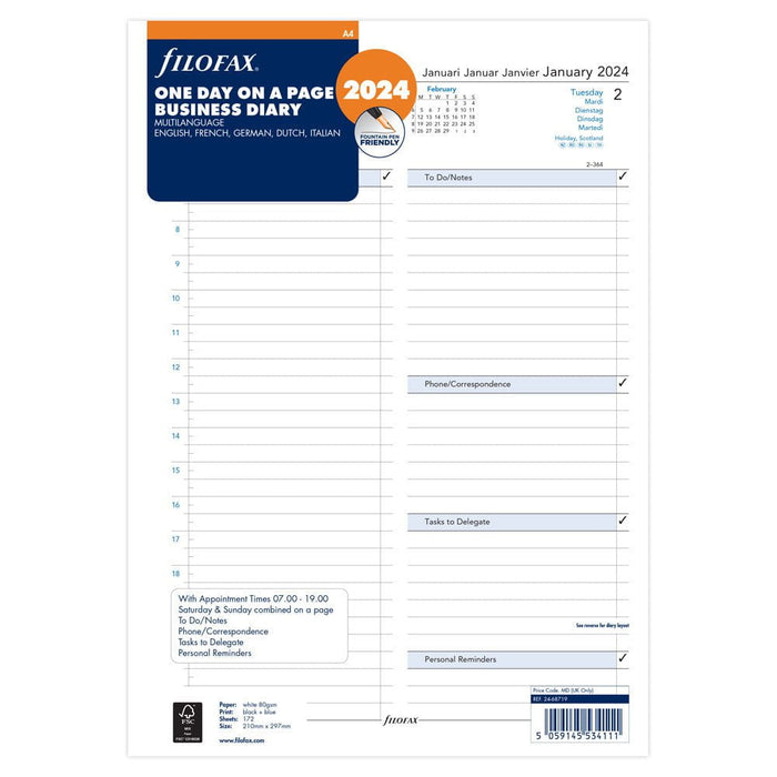 Filofax 2024 Refill Classic Day Per Page With Appointments A4 (210mm x 297mm) CXF24-68719