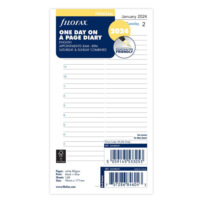 Filofax 2024 Refill Classic Day Per Page With Appointments Personal (95mm x 171mm) CXF24-68441