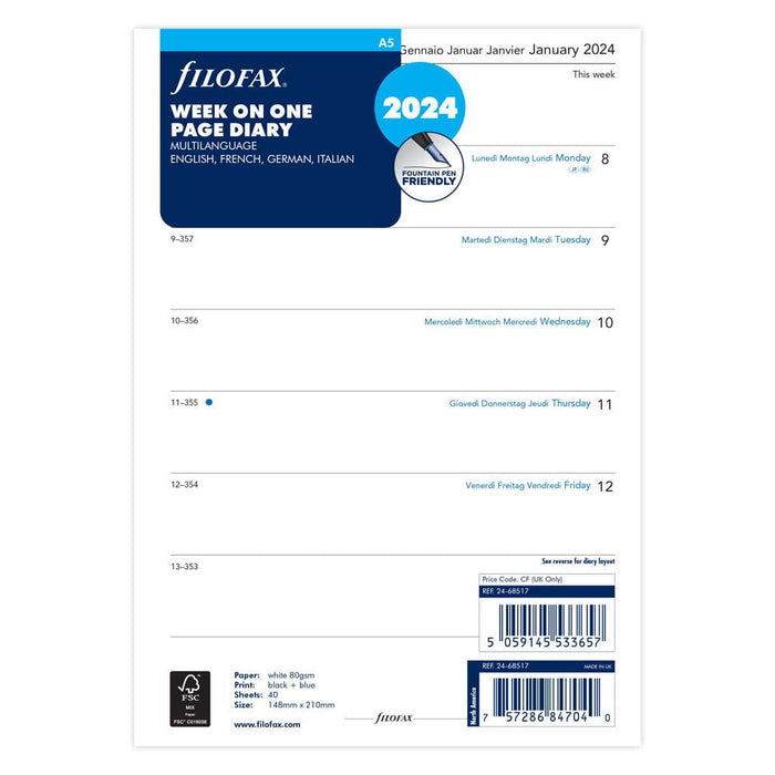 Filofax 2024 Refill Classic Week Per Page A5 (148mm x 210mm) CXF24-68517