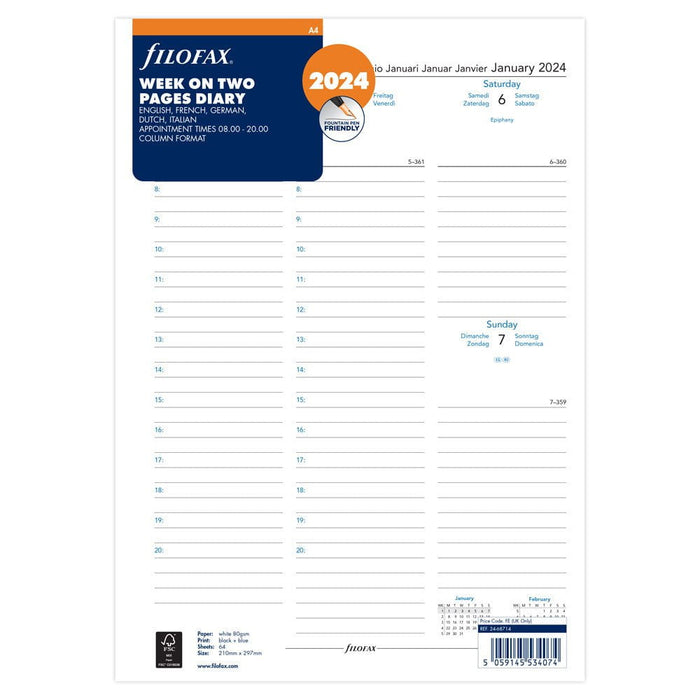 Filofax 2024 Refill Classic Week To View With Appointments Vertical A4 (210mm x 297mm) CXF24-68714