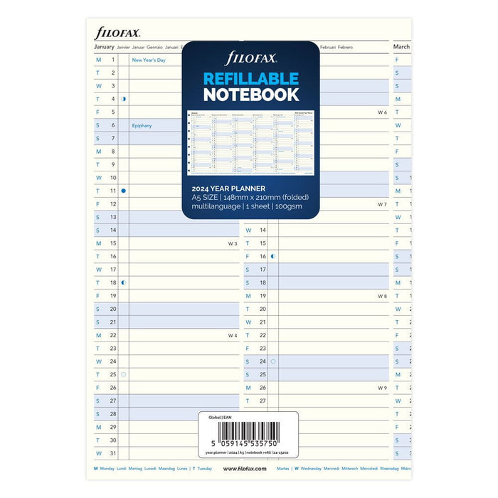 Filofax 2024 Refill Notebook A5 Year Planner (148mm x 210mm) CXF24-15202