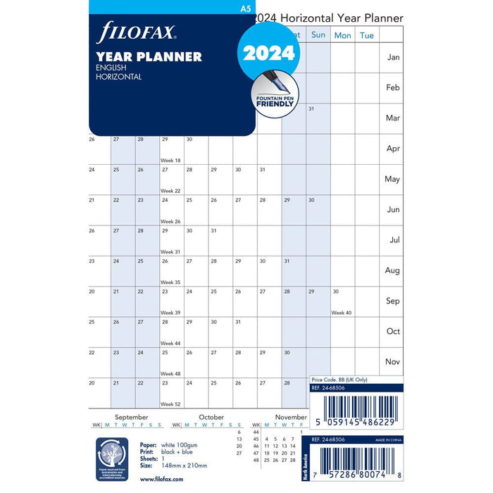Filofax 2024 Refill Year Planner Horizontal A5 (148mm x 210mm) CXF24-68506