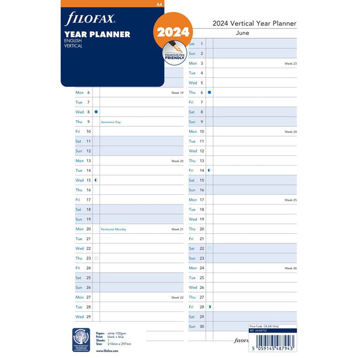 Filofax 2024 Refill Year Planner Vertical A4 (210mm x 297mm) CXF24-68702